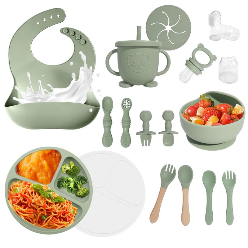 Catvegue Baby Led Weaning Supplies  17 Piece BPA-Free Silicone Feeding Set  Eating Essentials Baby Utensils with Suction Plate and Bowl  Pocket Bib  Sippy Cup with Lid  for 6+ Months  Green - Image 1